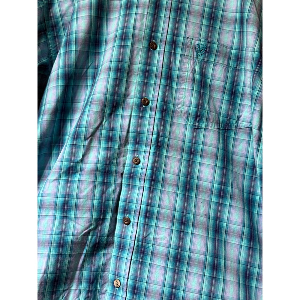 Ariat Pro Series Mens Plaid Long Sleeve Button Down Shirt Teal Blue Casual M - Picture 3 of 8